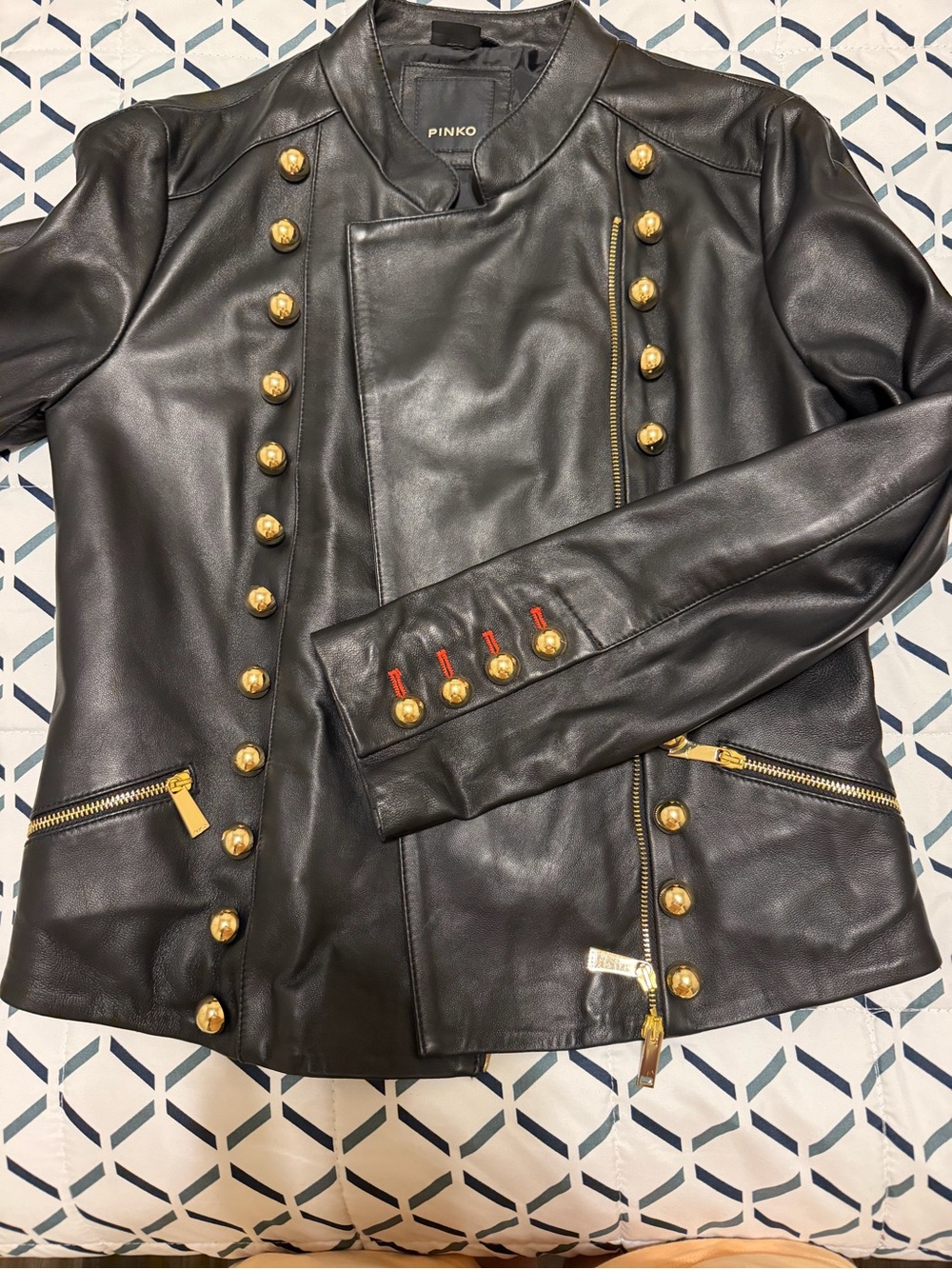 Pinko Black Leather Military-Style Jacket with Gold Hardware